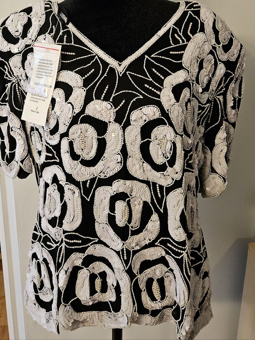 Vintage Sténay Silk Heavily Sequined Beaded Rose Top Blouse Scalloped XL NWT